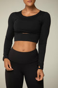 Mid-Slit Long Sleeve Crop Top for Women – Thumbhole Activewear Shirt, Stretch Workout Top